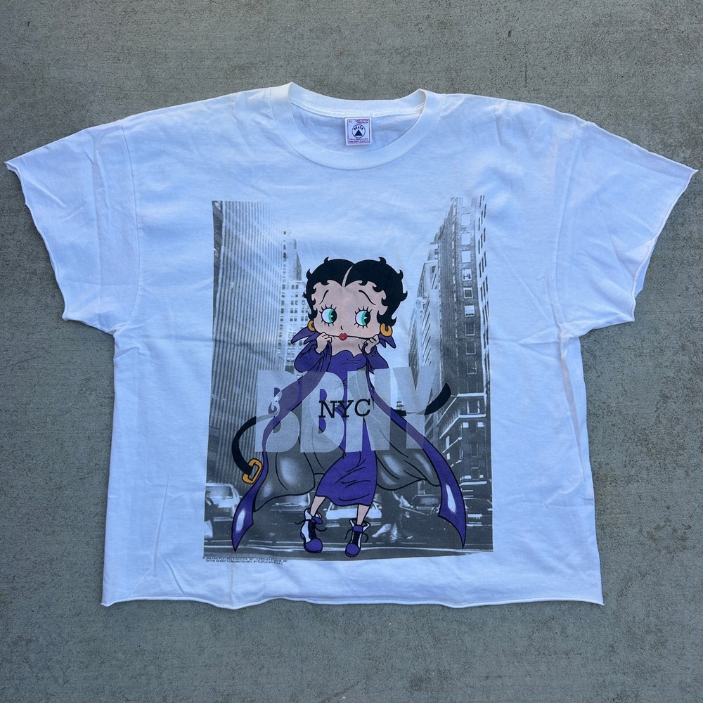 Vintage 90s Betty Boop NYC T Shirt XL White BBNY Graphic Skater Cropped Boxy